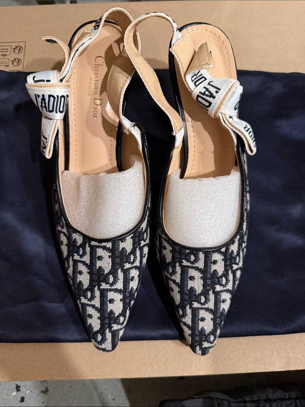 Christian Dior Black & Cream Logo Slingback Pointed Mules